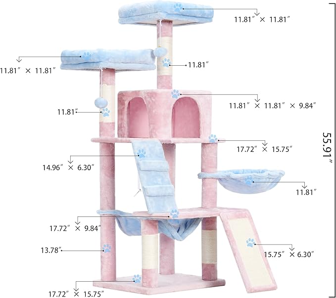 Heybly Cat Tree, Cat Tower for Indoor Cats,Multi-Level Cat Furniture Condo for Cats with Padded Plush Perch, Cozy Basket and Scratching Board,Blue and Pink HCT014BP