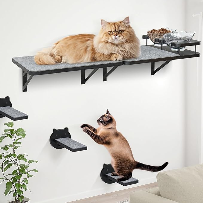 Cat Wall Shelves Set of 2, Cat Shelves and Perches for Wall, Cat Shelves Wall Mount for Large Cat, Cat Wall Furniture with 3 Cat Wall Steps, Cat Climbing Shelf, Cat Wall Shelf with 2 Cat Food Shelf