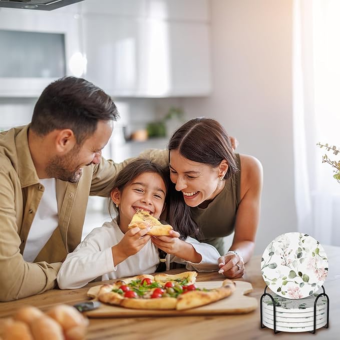 6 Pcs Drink Coasters with Holder,Abstract Watercolor Floral Green Leaves Absorbent Round Ceramic Coaster for Tabletop Protection,for Coffee Cup Beverage Coasters Wine Beer Bar