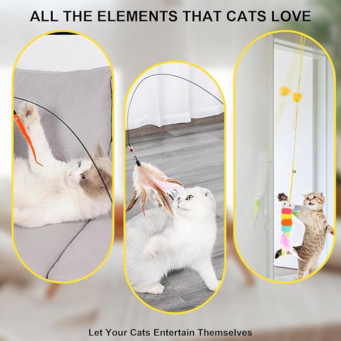 8pcs Cat Feathe Toys, Interactive Cat Toy for Indoor Cats, Suction Cup Cat Toys for Indoor Cats, Replacements Feathers Worm, Hanging Cat String Toy for Bored Indoor Kitten