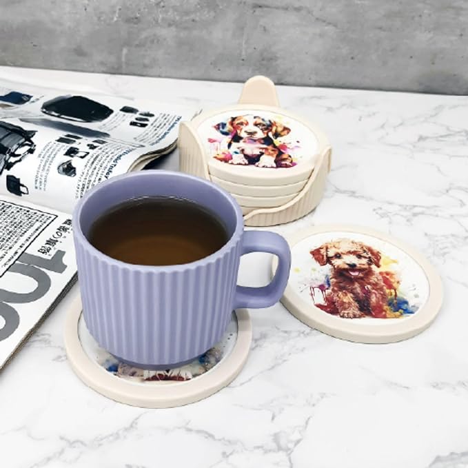 6 Pack Cute Dog Pattern Coasters with Deep Tray Holder, Double Sided Drink Coasters, Beverage Mats for Hot or Cold Drinks, Non-Slip, Non-Stick Silicone with Ceramic Insert Pet Patterned Coaster