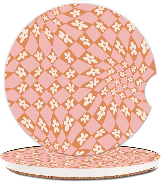 Absorbent Car Cupholder Coaster 2 Pack, Cute Car Coasters with a Finger Notch for Women & Men,2.56" Ceramic Stone & Non-Scratch Cork Base Drink Coasters, Cute Auto Accessories Gifts