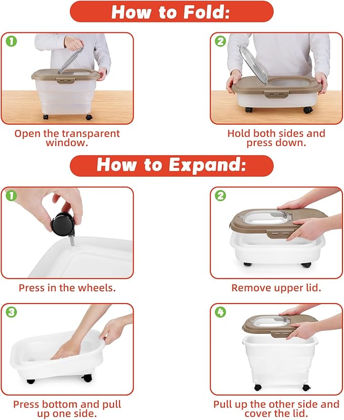 Airtight Pet Food Container, Collapsible Dog Food Storage Container 15-20 lb with Castors, Plastic Dog Food Bin with Pet Food Scoop & Measuring Cup for Dry Food Storage