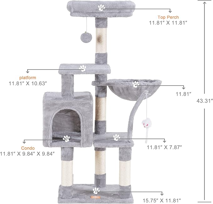 Heybly Cat Tree with Toy, Cat Tower Condo for Indoor Cats, Cat House with Padded Plush Perch, Cozy Hammock and Sisal Scratching Posts, Light Gray HCT004SW