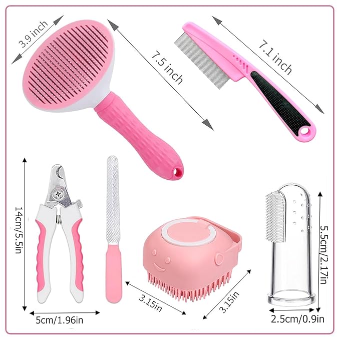 7 Pcs Cat Dog Brush Grooming Kits, Self-Cleaning Slicker Brush, Pet Nail Clipper and File, Flea Comb, Pet Shampoo Bath Brush, Pet Finger Toothbrush, Storage Bag (Pink)