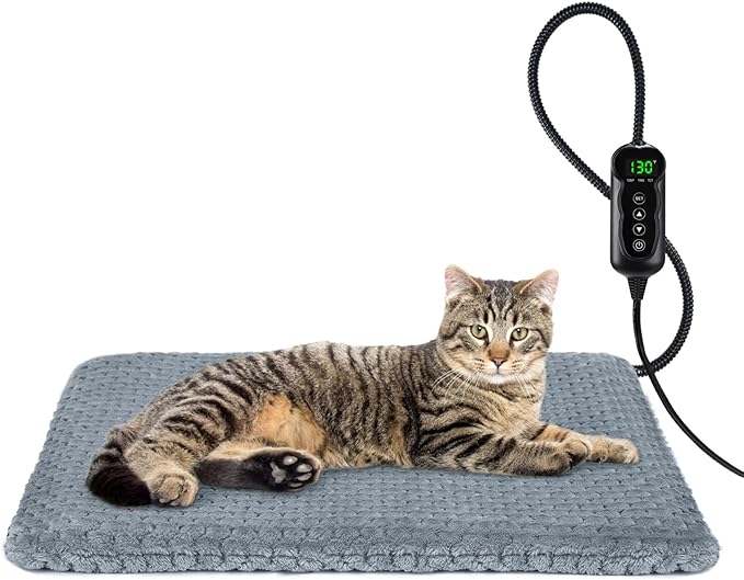 INVENHO Heated Cat Bed, Waterproof Adjustable Temperature Dog Cat Heating Pad with Timer, Indoor Pet Heating Pad for Cats Dogs Electric Pads for Dogs Cats, Pet Heated Pad (S: 18" x 16")