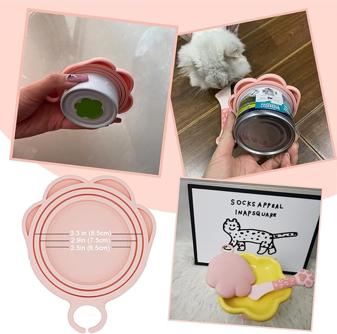 4 Pcs Cat Food Can Spoon & Can Covers | Cute Paw Silicone Pet Food Can Opener Spatula & Can Lids | Stainless Steel Wet Food Spoon for Cats and Dogs(Pink)
