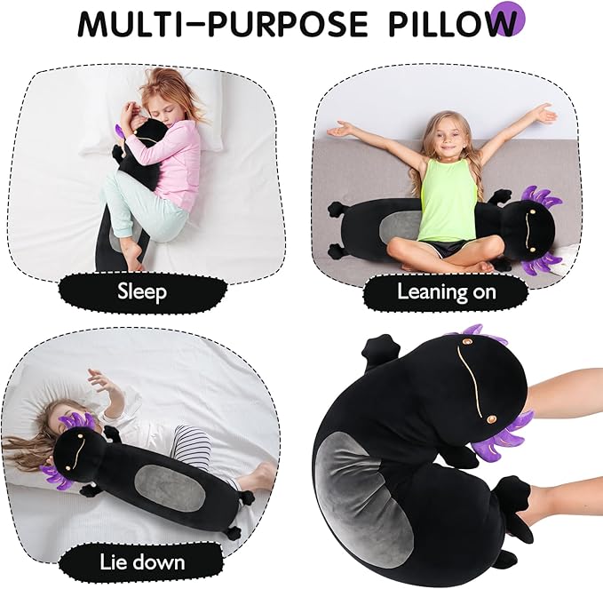 22inch Black Axolotl Stuffed Animal, Soft Long Pillow Doll Cute Axolotl Plush Body Pillow Plushies Toy Gift for Kids, Boys Birthday, Easter