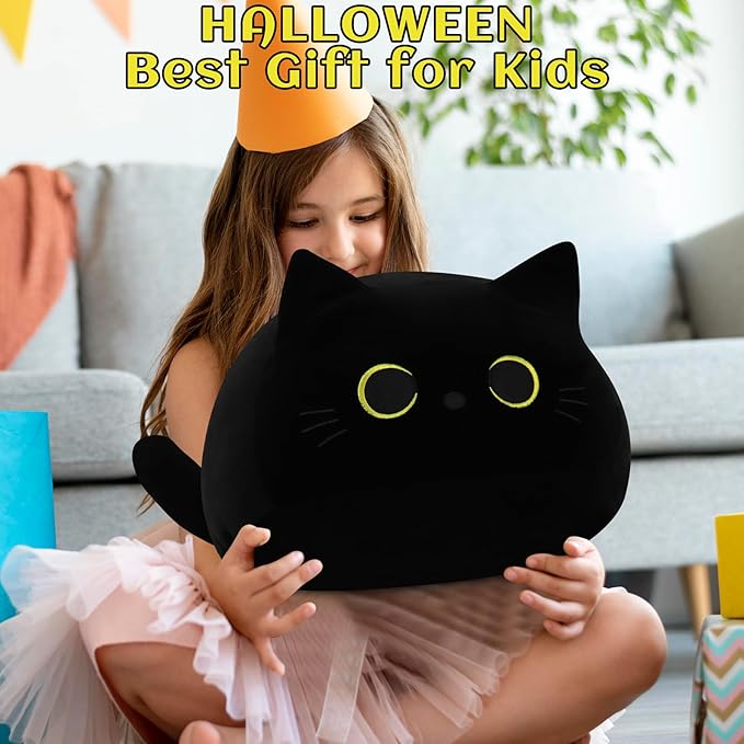 Auspicious Beginning Giant Black Cat Plush Toy - 19'' Stuffed Animal, Kawaii Plushie Cat Pillow, Halloween Decor Plush Gift for Kids
