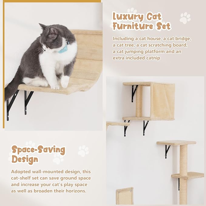 COZIWOW Cat Wall Shelves, Wall-Mounted Cat Climber Set of 5, Floating Cat Perches, Hanging Cat Beds, Modern Cat Furniture for Large Cats or Kitty (Beige)