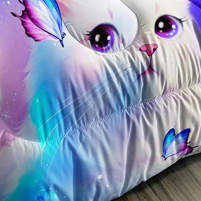 AILONEN Kids Cat Comforter Set Full Size,Butterfly Cute White Cat Bedding Set for Girls Boys,Purple Tint Duvet Set Cat Lovers 3 Pieces, 1 Quilt and 2 Pillowcases