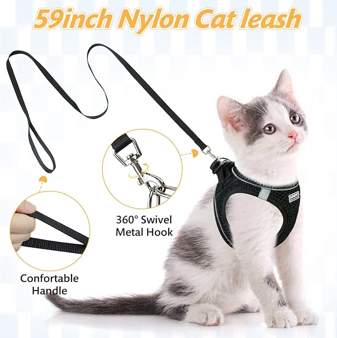 Cat Harness and Leash Set for Walking Escape Proof,Adjustable Soft Mesh Kitten Harness with Reflective Strip for Small Cats, Easy to Control