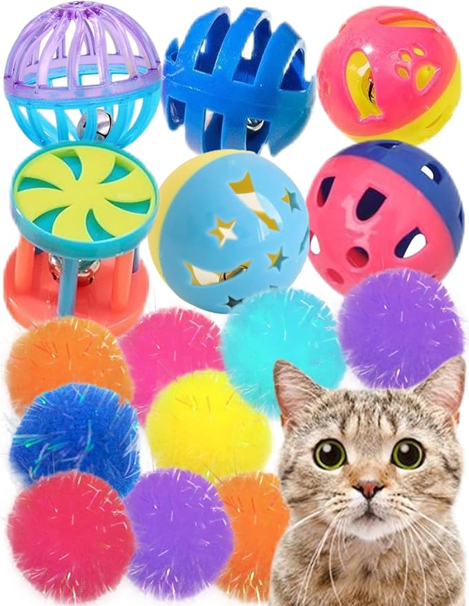 Assorted Cat Toys for Indoor Cats & Kittens - 26-Piece Set with 6 Bell Balls & 20 Reflective Balls for Safe Active Play & Mental Stimulation