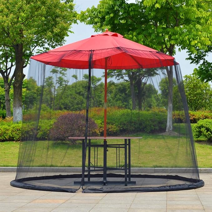 7.5-11 FT Patio Umbrella Mosquito Net, Polyester Mesh Umbrella Screen, Universal Canopy Umbrella Mosquito Netting with Zipper Door and Adjustable Rope, Fit Outdoor Umbrellas and Patio Tables