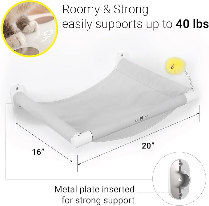 SVD.PET Cat Hammock Wall Mounted with Cat Toy, Soft Padded & Comfortable Cover Premium Cat Furniture. Modern Design Cat Shelf. Supports up to 40 lbs (Comfy Plus, White)