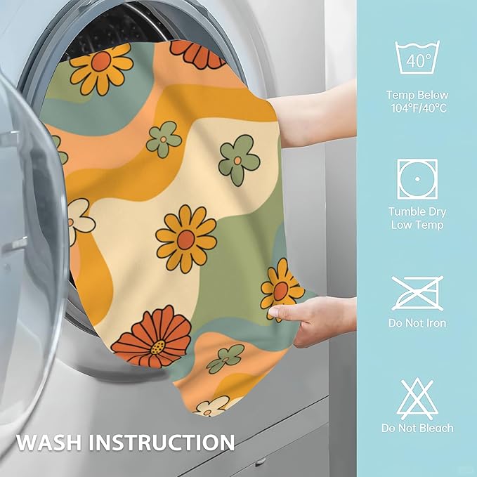 2 Pack Hand Bath Towel,Retro 70s Groovy Flower Hippie Fingertip Towel Bathtub Decorative Bath Towel Bathroom Kitchen Towel Set Highly Absorbent SPA Gym Towels 14x28 Inch