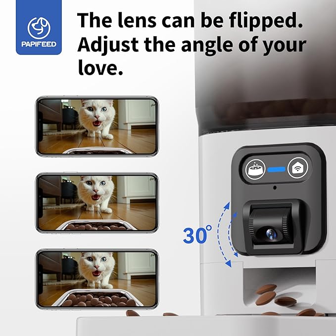 Automatic Cat Feeder with Camera, ‌Adjustable Angle 2.4G WiFi/App Pet Food Dispenser, 6L Timed Dispenser with Two-Way Audio, Auto Pet Feeder with Mat for Cat & Dog, 1-10 Meals Per Day