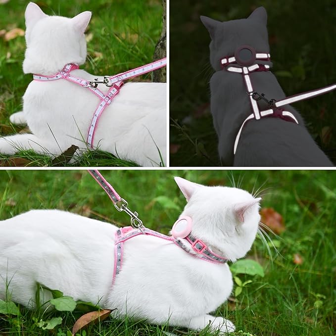 KOOLTAIL Cat Harness and Leash Set Escape Proof with Cat Airtag Holder Collars (3 in 1), Comfortable Lightweight Adjustable Kitten Harness for Small Medium Large Cats Safe Walking & Travel, Pink
