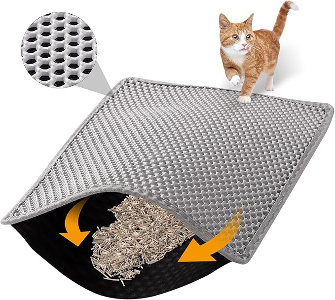 46x26 Inch Cat Litter Mat Double Layer Non-Slip Odor-Free Litter Box Mat,Waterproof and Urine Proof Litter Mat,Scatter Control, Less Waste,Easier to Clean(Gray)