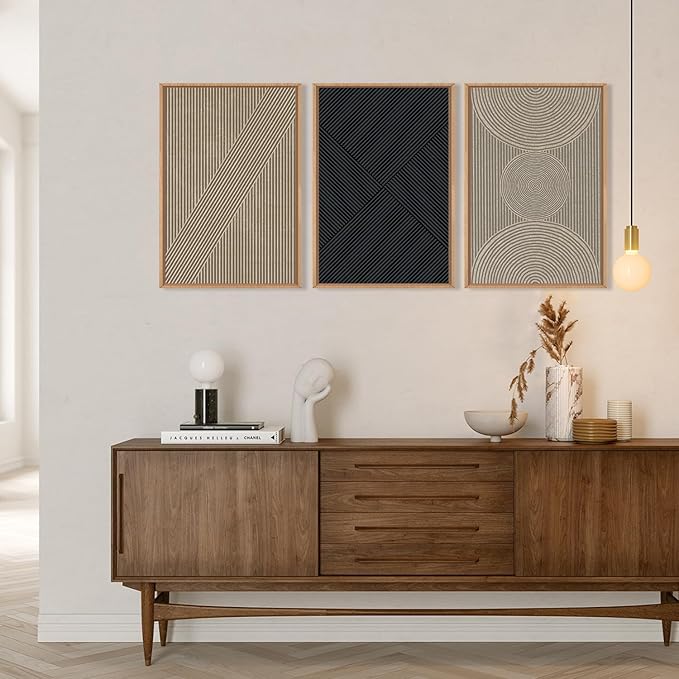 Ausril Neutral Minimalist Line Framed Canvas Wall Art Set, Beige Abstract Wall Decor, Modern Illustration Wall Painting, Mid Century Boho Art Print for Living Room, Bedroom, Office 36"x24"x3