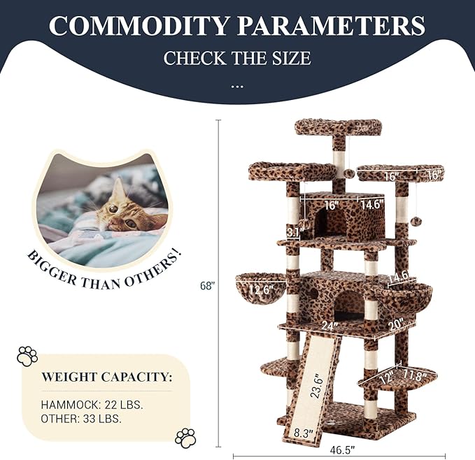 Allewie 68 Inches Cat Tree/Cat Tree House and Towers for Large Cat/Cat Climbing Tree with Cat Condo/Cat Tree Scratching Post/Multi-Level Large Cat Tree/Leopard Print