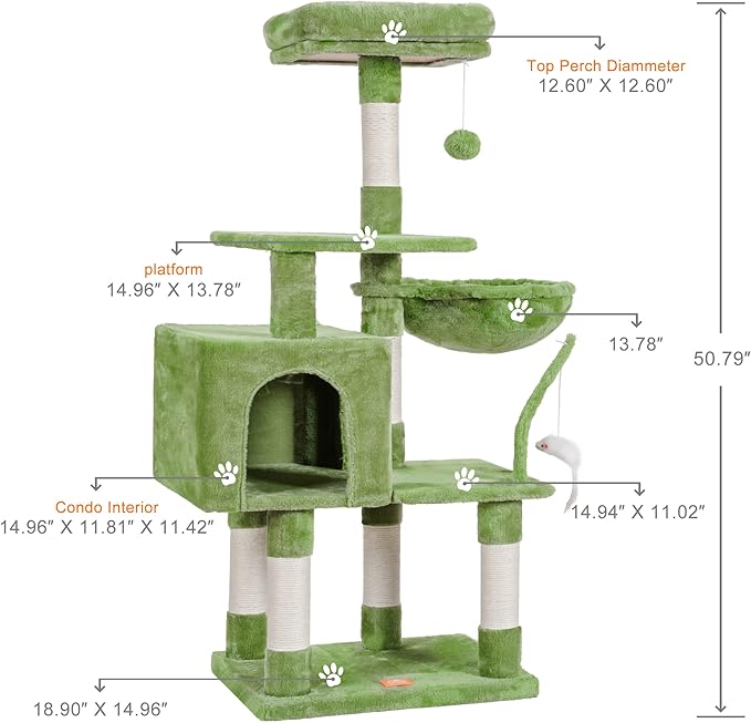 Heybly Cat Tree with Toy, Cat Tower condo for Indoor Cats, Cat House with Padded Plush Perch, Cozy Hammock and Sisal Scratching Posts, Green HCT004GR