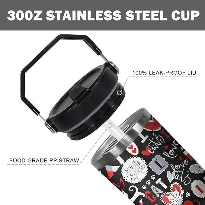 30 Oz Cat Tumbler with Straw and Handle, Insulated Cat Mugs for Cat Lovers, Double Wall Stainless Steel Cat Coffee Mug, Cat Mom Mug or Cat Dad Mug and 30 Oz Cat Cups Gifts for Cat Lovers for Women