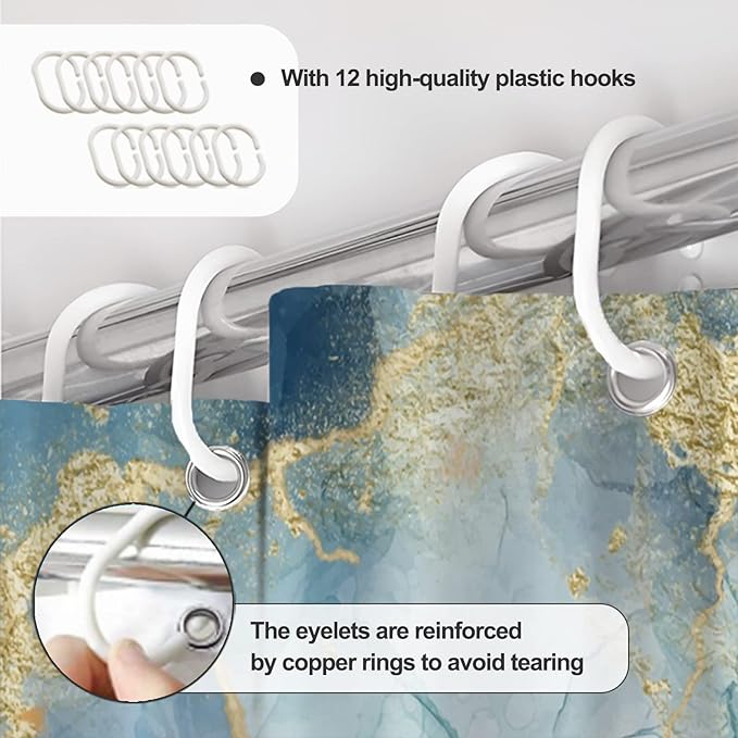 AWERT Teal Marble Shower Curtain for Bathroom Waterproof Quick-Drying Modern Abstract Shower Curtain Set with Hooks 72x72 Inch