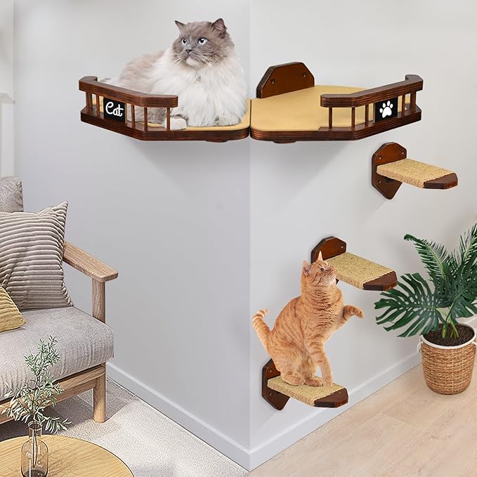 Cat Wall Furniture Wall Mounted, 2PCS Cat Shelves and Cat Perches for Wall with 3 Cat Wall Steps and Scratching Pad, Cat Wall Shelves Fit Cat Up to 15Lbs, Wood Cat Hammock Wall Mount (Brown)