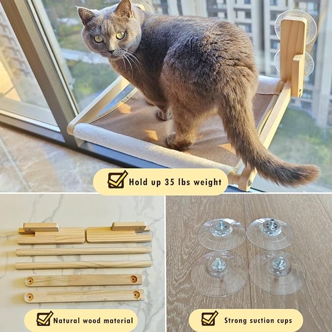 Foldable Cat Window Perch, 16.5 inches*12 inches Window Hammock, 35 lbs Weight Limit, Solid Wood Material Cat Window Hammock for Small Size Window