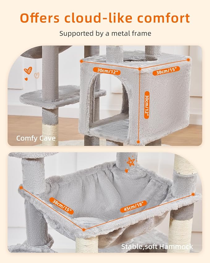 Taoqimiao Cat Tree, 51-Inch Cat Tower for Kittens, Cat Tree Tower with 5 Scratching Posts, Plush Cat Condo with Plush Perch, 2 Hammock, Pompoms, Light Gray MS019XL-W