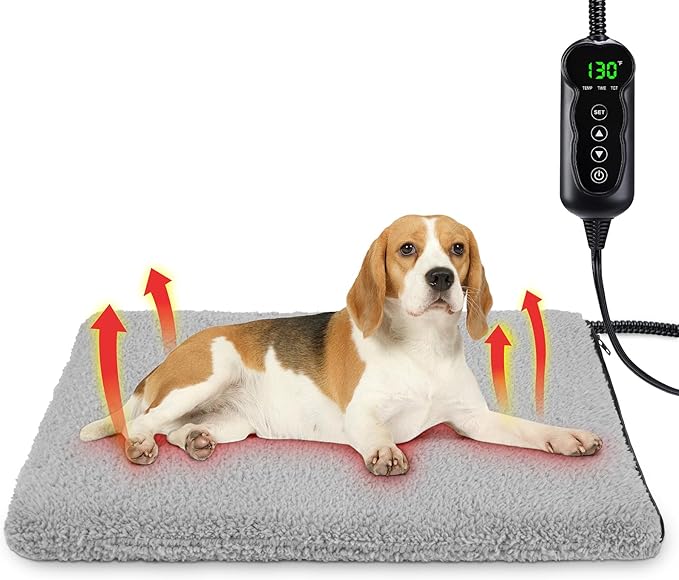 Heated Dog Bed, 11 Adjustable Temperature Pet Heating Pad Indoor for Dogs Cats Heating Mat with Timer, Auto Power Off, Electric Pet Heating Pad for Cat House (Grey, M(28" x 16"))