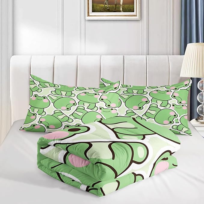AILONEN Frog Comforter Set, Cartoon Frog Bed in a Bag Bedding Set Twin Size,Quilted Duvet for Teens Boys Kids Girls,1 Comforter 2 Pillowcases 3 Piece