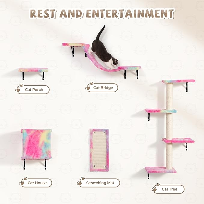 COZIWOW Cat Wall Shelves, Wall-Mounted Cat Climber Set of 5, Floating Cat Perches, Hanging Cat Beds, Modern Cat Furniture for Large Cats or Kitty (Colorful)