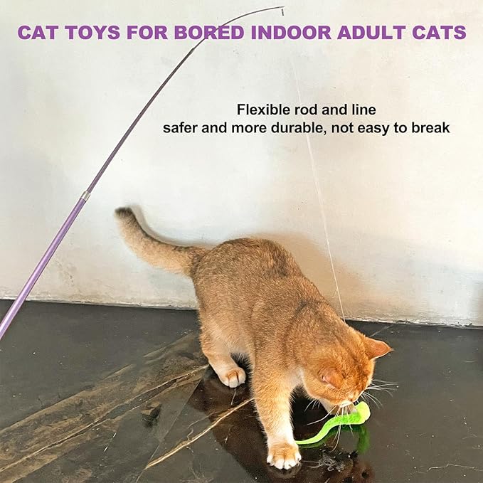 11PCS Cat Wand Toy, Cat Toys Interactive for Indoor Cats, 2 Retractable Cat Wand, 7 Worm Cat Teaser Toys and 1 Plush Fish Cat Toy, Cat Feather Toys for Play Chase Exercise with Kitten, Extra 1 Line
