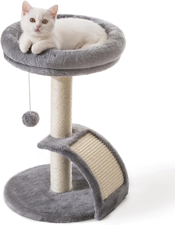 Small Cat Tree Tower with Scratching Post, Modern Kitten Tower for Indoor Cats, Short Carpet Sisal Cat Scratcher Stand with Large Bed Perch, Scratch Ramp, Toy Ball for Kitty Play (Grey)