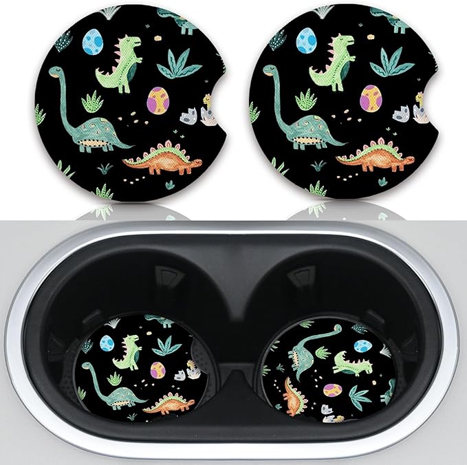 2 Packs Car Coasters for Cup Holders,Keep Cup Holders Clean and Dry,Drink Cup Car Holder Coasters with A Finger Notch,2.75in/7cm,Automotive Cup Holder Cute Dinosaur Graffiti Accessories for Women Men