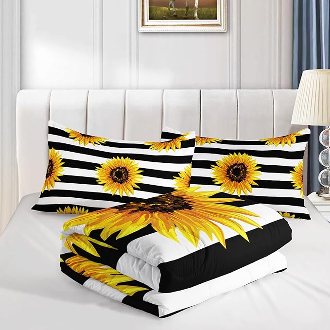 AILONEN Sunflower Comforter Set Twin Size, Black and White Striped Flower Bedding Set,Superior Yellow Flower Bed Set,Printed Stripe Quilt,Pillow Case,Microfiber Fabric