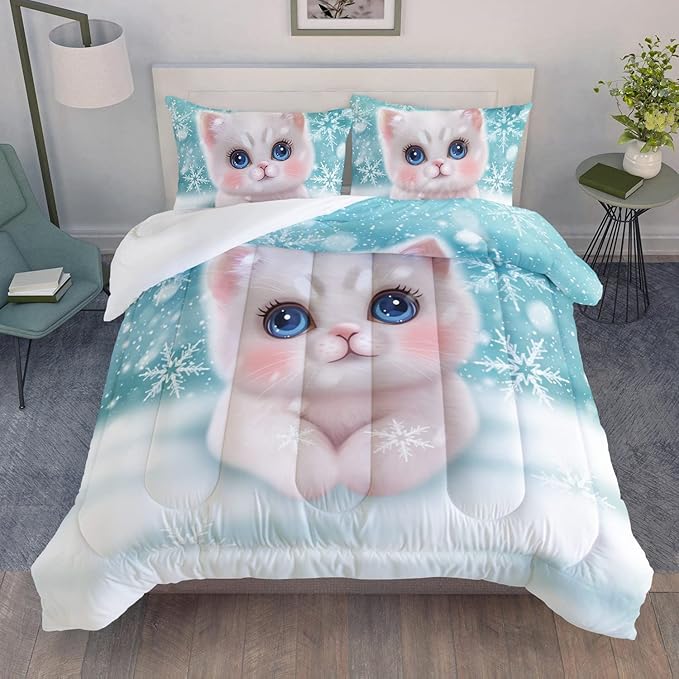 AILONEN Kawaii Cat Comforter Set Full Size, Snowflake Hairy Lovely Cat Bedding for Kids Girl and Toddler,Soft and Lightweight 3Pcs (1 Comforter + 2 Pillowcases) Blue
