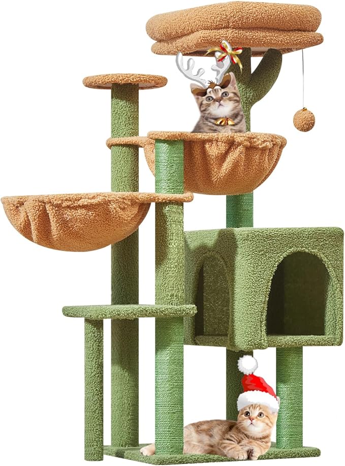Taoqimiao Cat Tree, 39.4-Inch Cat Tower for Indoor Cats,Suitable for Kittens,Plush Cat Condo with 5 Scratching Posts, Plush Perch,2 Hammock,Pompoms, MS019T Cactus