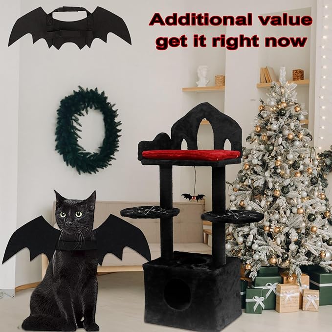 Gothic Cat Tree, 48in Black Cat Tree with Throne Bed, Cat Condo,Scratching Posts, Spooky Goth Cat Tree for Indoor Cats, Gothic Cat Tower