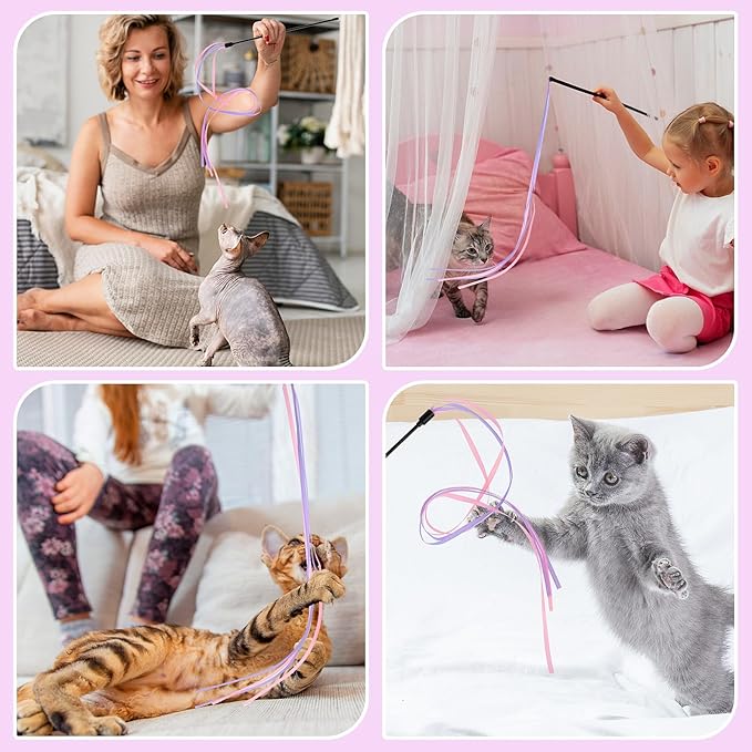 Amaxiu Cat Ribbon Wand Toys, 3pcs Interactive Cat Rainbow Wand String Toys for Indoor Cats Colorful Ribbon Charmer for Kittens Teaser Training Exerciser Playing Catcher Accessories