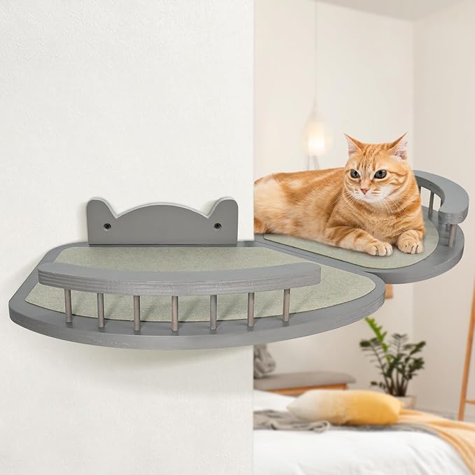 Y&ME YM Cat Wall Shelves, Cat Shelves and Perches for Wall, Wood Cat Wall Furniture with 3 Cat Wall Steps Cat Scratch Post, Indoor Cat Climbing Shelf (Gray)