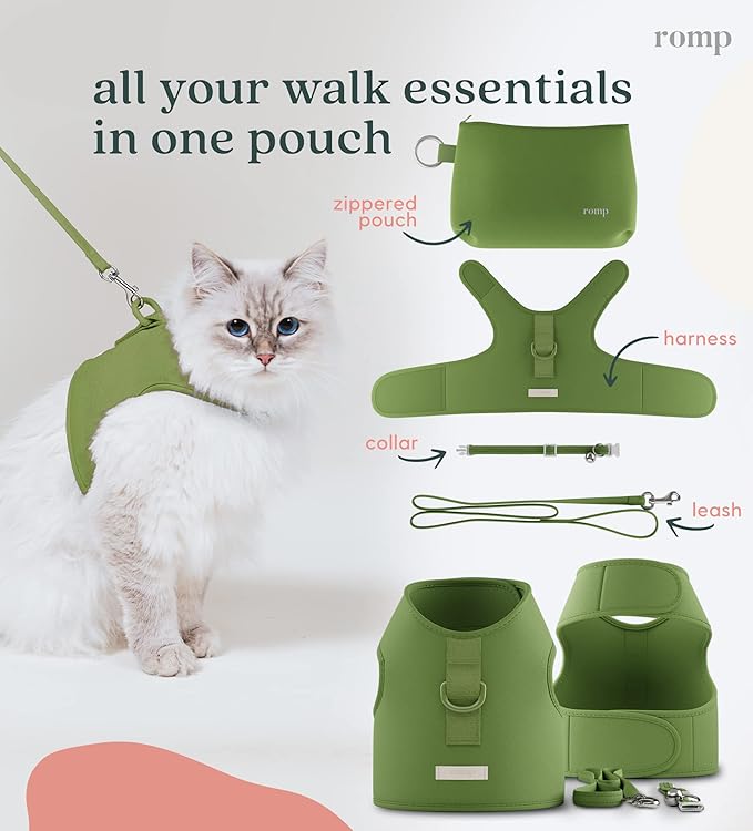 Cat Harness, Collar & Leash Set - Escape Proof Adjustable Choke Free Velcro Harness Vest for Walking Cats & Kittens (Matcha Green, Small)