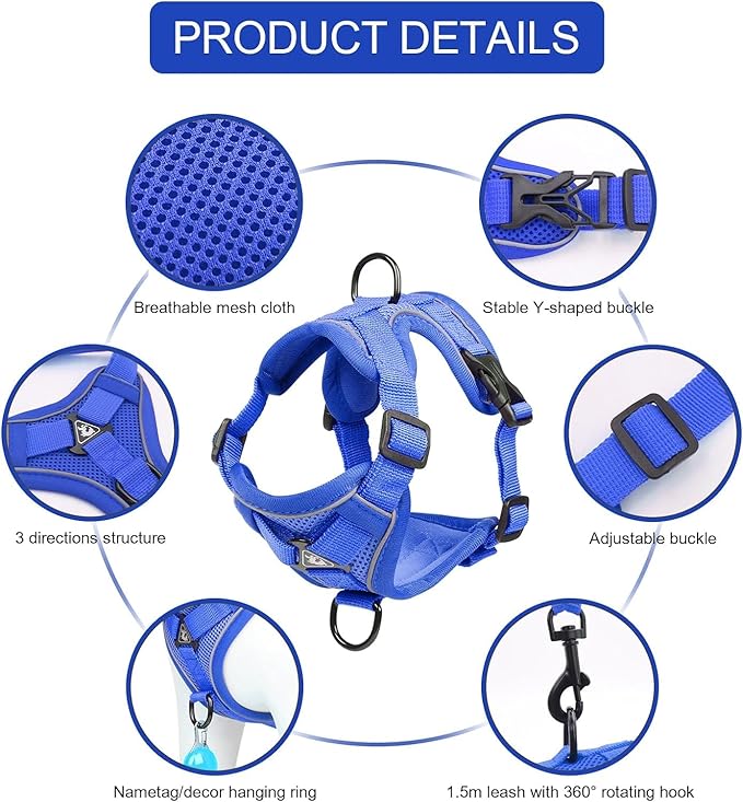 Cat Harness and Leash Set: Upgraded Escape Proof Vest with Lead for Large Cat Small Dog Puppy Walking, Soft Jacket with Reflective Strips L Size Blue