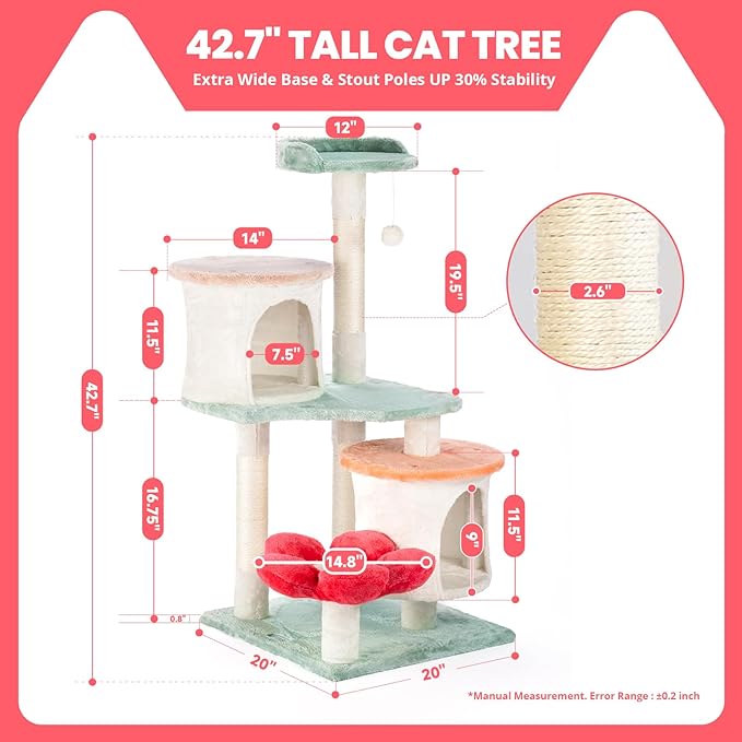 HYABi 42.7in Flower Garden Cat Tree, Cat Tower with Cozy Condo & Scratching Post, Cat Tree Tower with Jumping Platform for Indoor Cats
