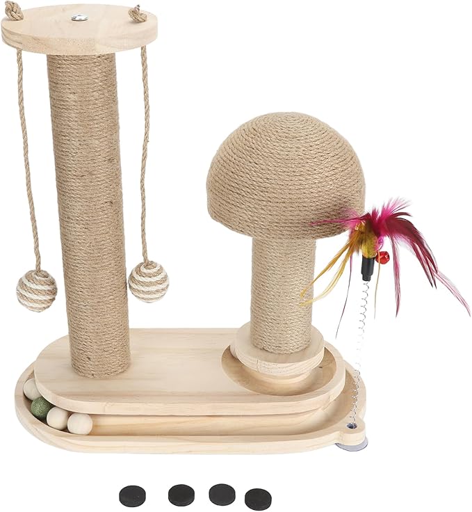 Cat Toy Cat Scratching Post 2 Layer Ball Track Kitten Scratcher Cat Toy, Sturdy Pine Hemp Cat Scratch Post Interactive Toy with Wood Ball, Suction Cup Base Cat Scratcher Toy