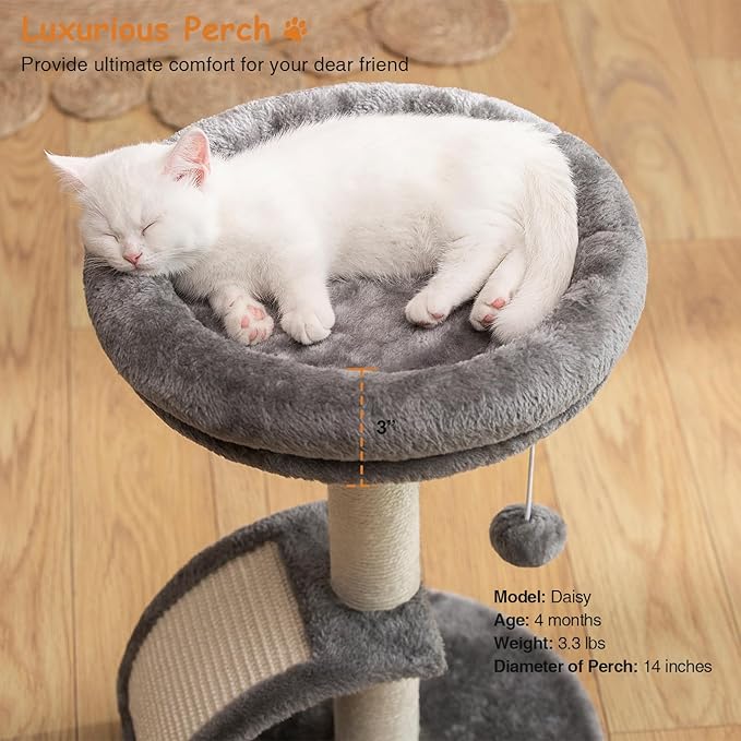 Small Cat Tree Tower with Scratching Post, Modern Kitten Tower for Indoor Cats, Short Carpet Sisal Cat Scratcher Stand with Large Bed Perch, Scratch Ramp, Toy Ball for Kitty Play (Grey)