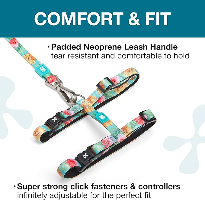 Max and Molly Adjustable Cat Harness and Leash Set - Escape-Proof Cat Harness with Leash for Outdoor Walking and Exploring, Soft Padded Double Stitched Material (Hibiscus Flower)