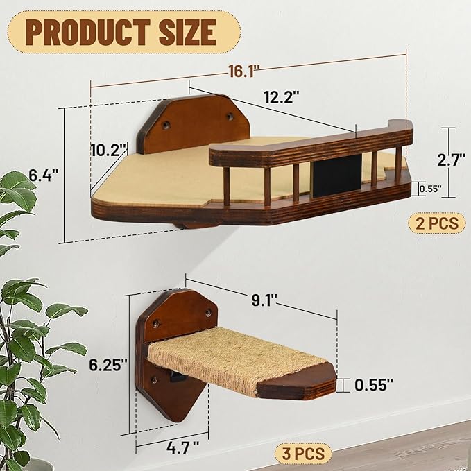 Cat Wall Furniture Wall Mounted, 2PCS Cat Shelves and Cat Perches for Wall with 3 Cat Wall Steps and Scratching Pad, Cat Wall Shelves Fit Cat Up to 15Lbs, Wood Cat Hammock Wall Mount (Brown)